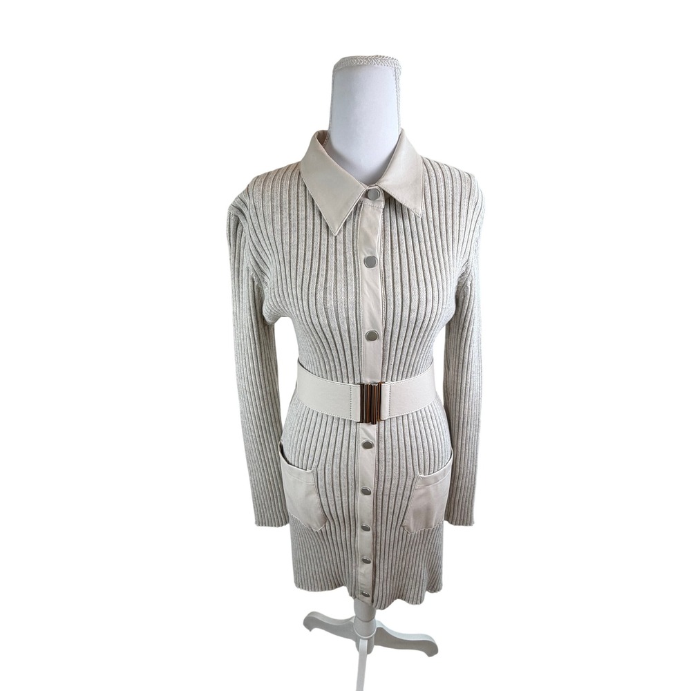 Fate Moscow Belted Mini Dress Oatmeal Beige Ribbed‎ Knit Faux Leather Collar SM